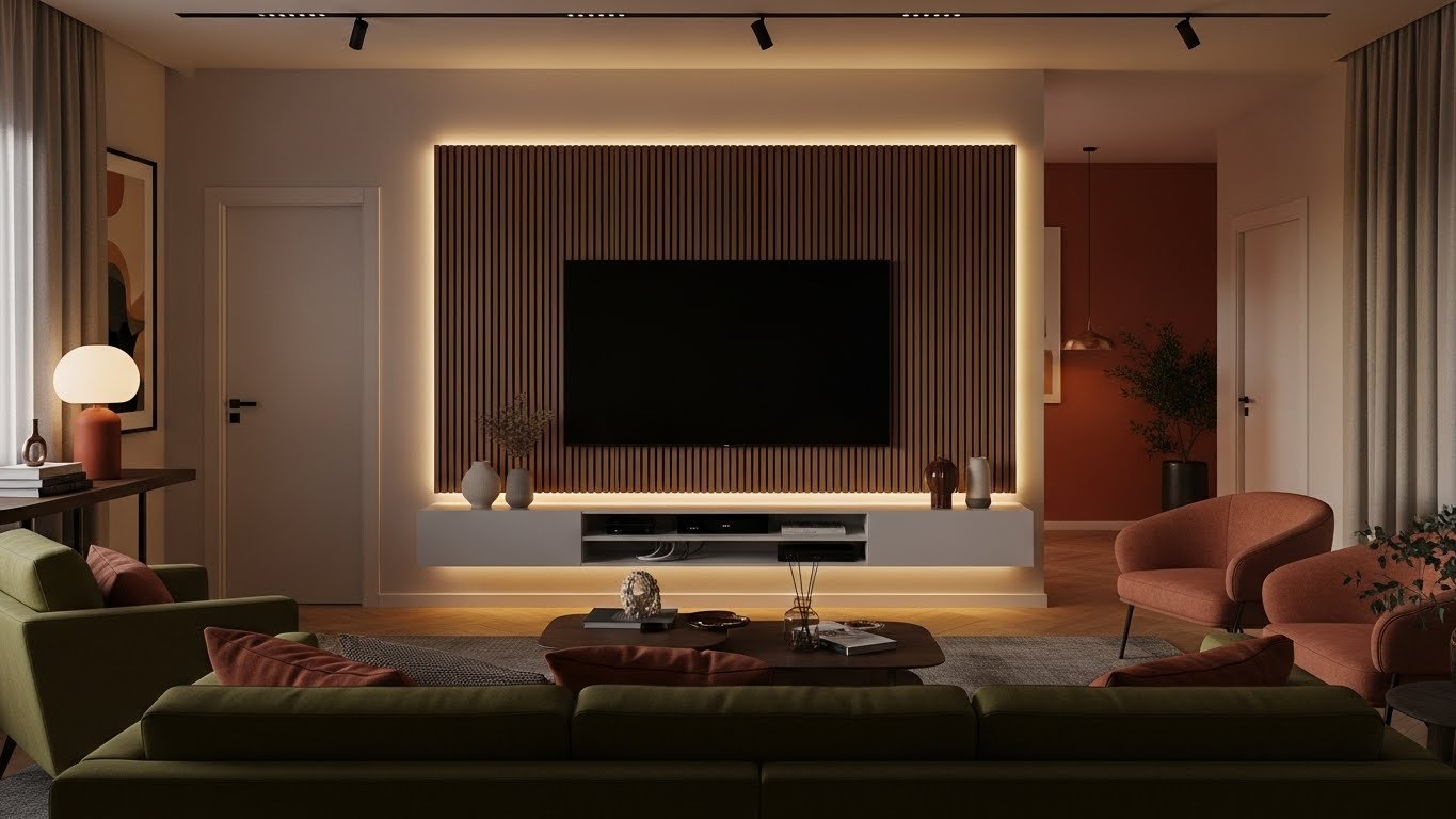 Sala de estar planejada com painel ripado de madeira iluminado por LED, rack suspenso branco e iluminação de trilho no teto.